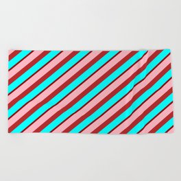 [ Thumbnail: Light Pink, Red, Aqua & Dark Red Colored Stripes/Lines Pattern Beach Towel ]