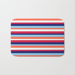 [ Thumbnail: Eyecatching Mint Cream, Crimson, Midnight Blue, Sky Blue & Red Colored Striped/Lined Pattern Bath Mat ]