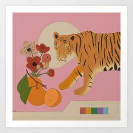 Retro Vintage Color Pop Tiger King Art Print | Zoo, Retro, Graphicdesign, Flowers, Vintage, Boho, Collage, Digital, Simple, Pink 