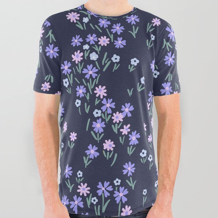Blue Ditsy Floral Theme All Over Graphic Tee