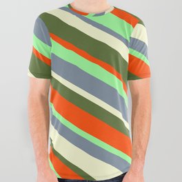 [ Thumbnail: Eyecatching Green, Light Slate Gray, Light Yellow, Dark Olive Green, and Red Colored Lined Pattern All Over Graphic Tee ]