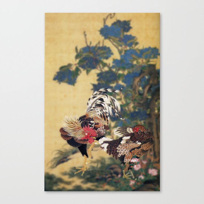 Rooster and Hen with Hydrangeas. Canvas Print