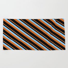 [ Thumbnail: Light Sky Blue, Chocolate & Black Colored Lines/Stripes Pattern Beach Towel ]