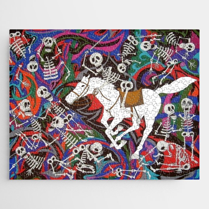 Day of the Dead Skeleton on White Horse chasing Skeletons Jigsaw Puzzle