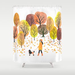 Autumn landscape. Watercolor Vintage illustration of autumn park and woman walking with a dog Shower Curtain