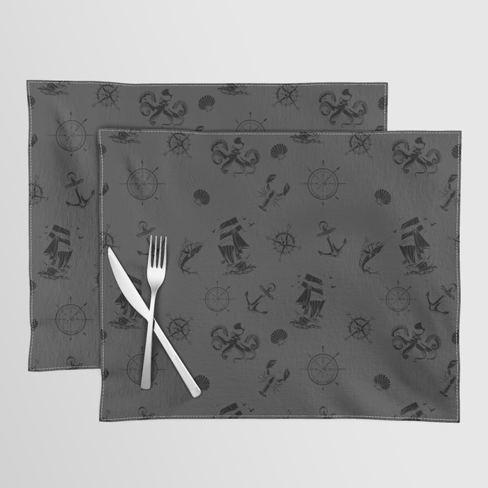 Dark Grey And Black Silhouettes Of Vintage Nautical Pattern Placemat