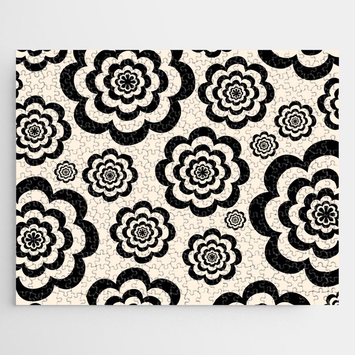 Flower Trip Retro Floral Pattern in Black and Almond Cream Jigsaw Puzzle