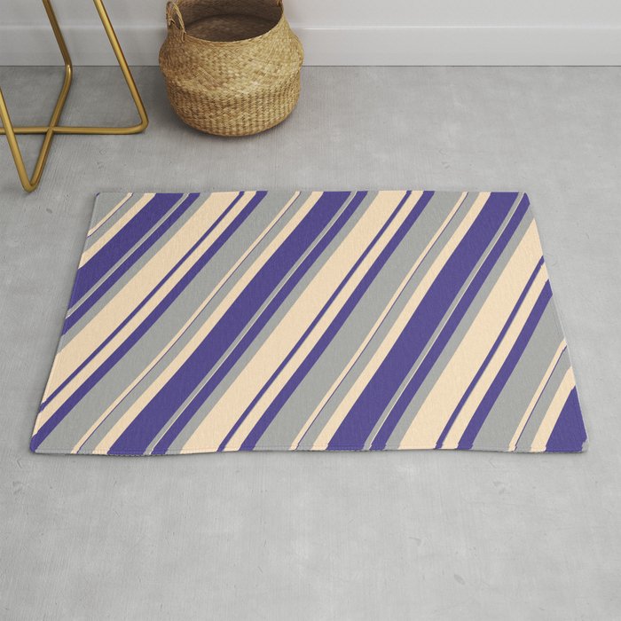 Dark Slate Blue, Dark Grey, and Bisque Colored Pattern of Stripes Rug