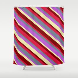 [ Thumbnail: Vibrant Orchid, Pale Goldenrod, Maroon, Crimson, and Slate Gray Colored Lines/Stripes Pattern Shower Curtain ]