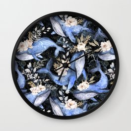 Watercolor Blue Whales with Flowers - Florals Whales Marine Wall Clock