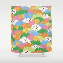 Cloudy  Shower Curtain | Clouds, Trendy, Retro, Rainbow, Curated, Pink, Green, Abstract, Cloudy, Pastel 