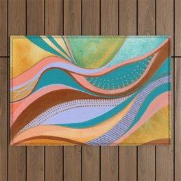 Abstract Painting | Feminine Flow Curves Design | Earth tones & Turquoise Outdoor Rug