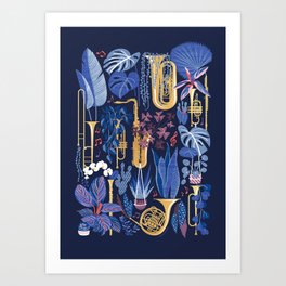 Music to my eyes // oxford navy blue background gold textured musical instruments blue indoor plants coral music notes Art Print