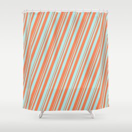 [ Thumbnail: Coral & Turquoise Colored Lined Pattern Shower Curtain ]