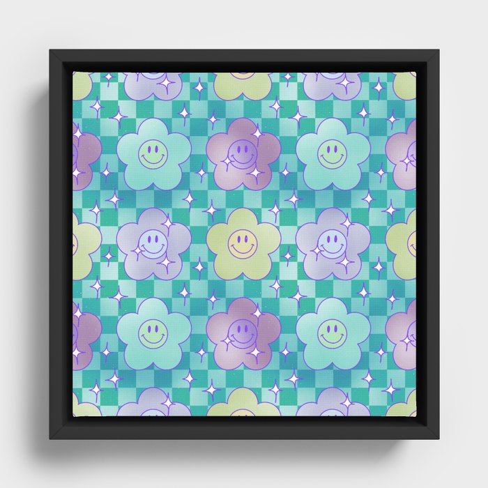 Cute Y2K Flower Smileys Pattern (Teal BG Version) Framed Canvas