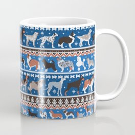 Fluffy and bright fair isle knitting doggie friends // classic and electric blue background brown orange white and grey dog breeds  Mug