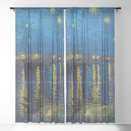 Starry Night Over the Rhone landscape painting by Vincent van Gogh in original blue with yellow stars Sheer Curtain