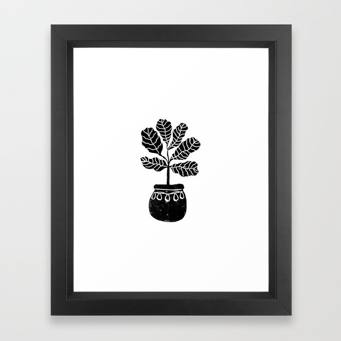 Fiddle Fig linocut house plant lino print black and white minimal art for office decor Framed Art Print