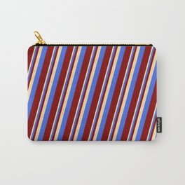 [ Thumbnail: Tan, Royal Blue, and Maroon Colored Lines Pattern Carry-All Pouch ]