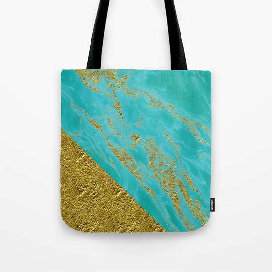 Luxury and glamorous gold glitter effect on aqua Sea marble 1 on #Society6 Tote Bag