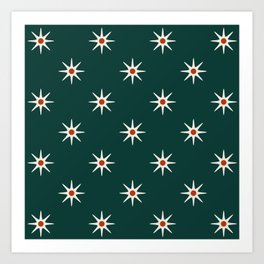 Atomic mid century retro star flower pattern in teal background Art Print