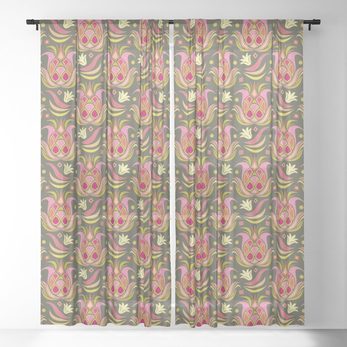 Luxe Pineapple // Pink on Grey Sheer Curtain