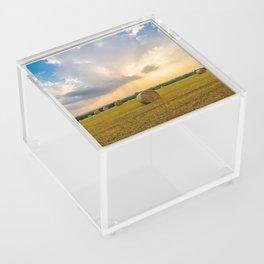 The Best of Times - Round Hay Bales Under a Stormy Sky Filled with Golden Sunlight in Oklahoma Acrylic Box