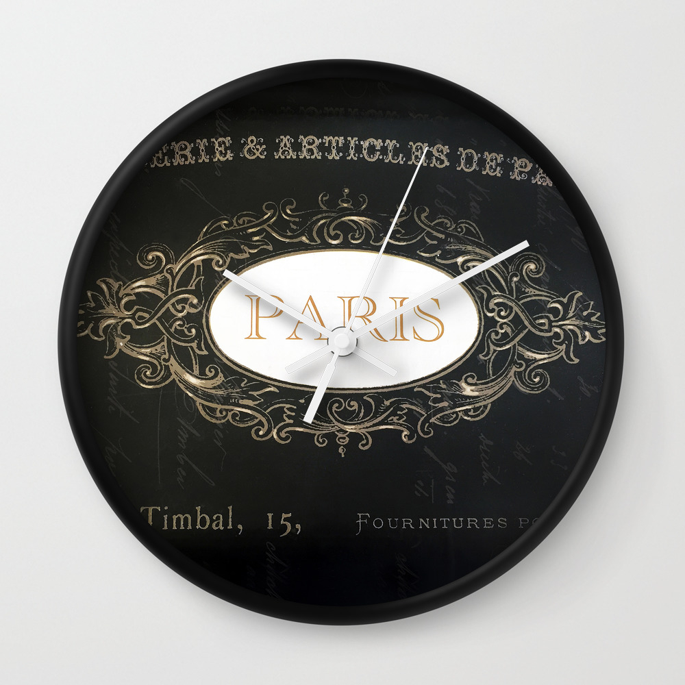 Paris Black White Gold Typography Home Decor Wall Clock By