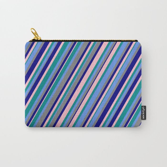 Dark Cyan, Cornflower Blue, Grey, Blue & Pink Colored Stripes/Lines Pattern Carry-All Pouch
