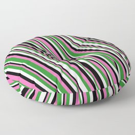 [ Thumbnail: Hot Pink, Forest Green, Mint Cream & Black Colored Stripes Pattern Floor Pillow ]