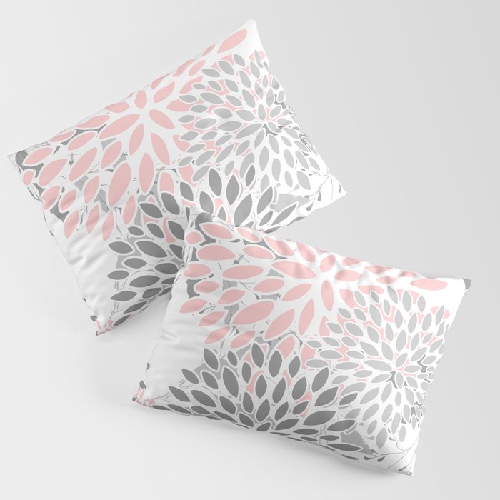 Festive, Floral Prints, Leaves and Blooms, Pink, Gray and White Pillow Sham