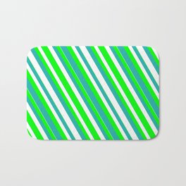 [ Thumbnail: Lime, Light Sea Green & White Colored Striped/Lined Pattern Bath Mat ]