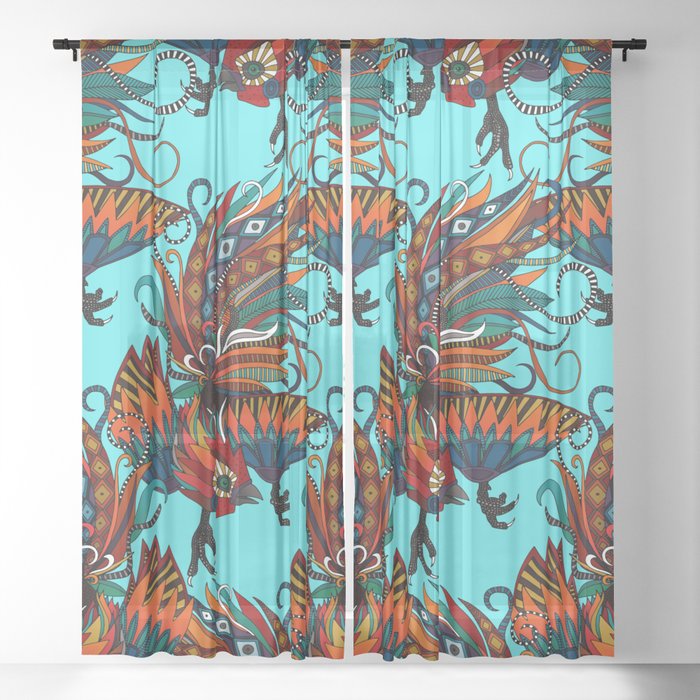 rooster ink turquoise Sheer Curtain