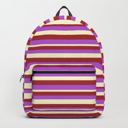[ Thumbnail: Brown, Orchid & Light Yellow Colored Stripes/Lines Pattern Backpack ]