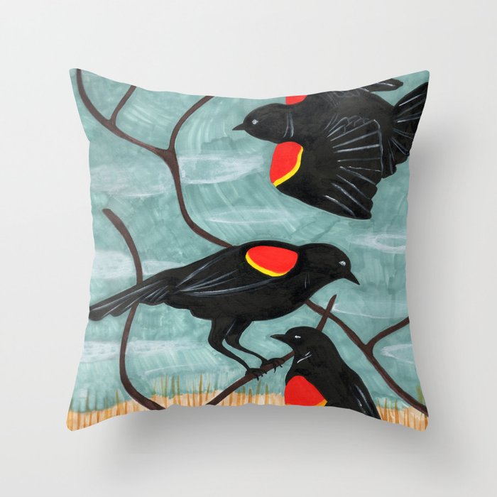Red Winged Blackbirds in Marsh Throw Pillow