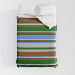 [ Thumbnail: Cornflower Blue, Light Grey, Brown & Dark Green Colored Pattern of Stripes Duvet Cover ]