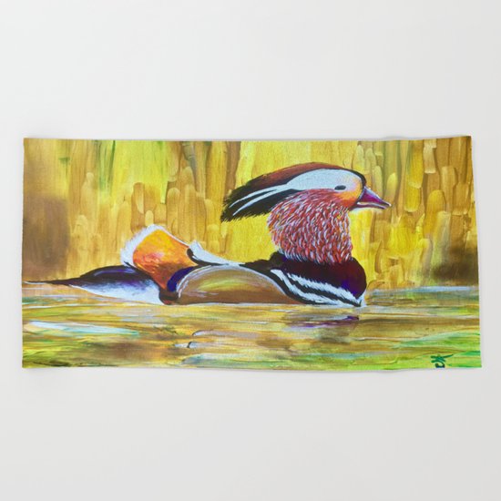 Colorful Mandarin Duck Floating on the water Beach Towel
