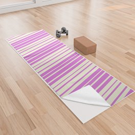 [ Thumbnail: Orchid & Beige Colored Lined/Striped Pattern Yoga Towel ]