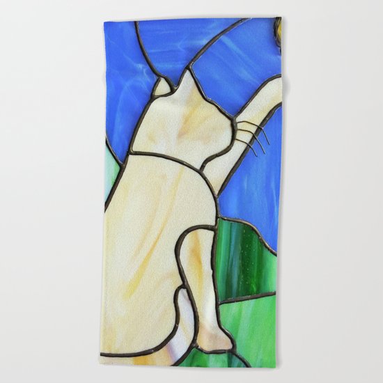 Stain glass cat Beach Towel