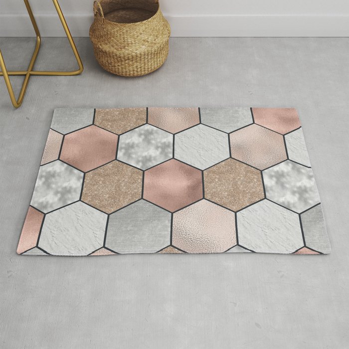 Marble hexagons and rose gold on black Rug