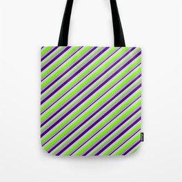 [ Thumbnail: Dark Grey, Indigo, Light Grey, and Green Colored Lines Pattern Tote Bag ]