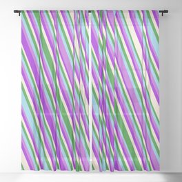 [ Thumbnail: Eye-catching Forest Green, Sky Blue, Orchid, Dark Violet, and Beige Colored Striped/Lined Pattern Sheer Curtain ]