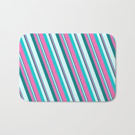 [ Thumbnail: Teal, Light Cyan, Dark Turquoise, and Hot Pink Colored Pattern of Stripes Bath Mat ]