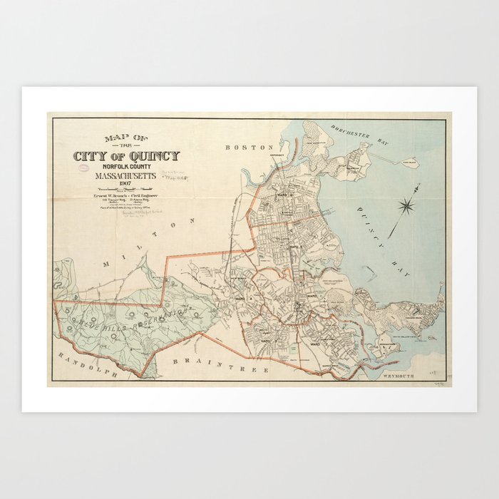 Vintage Map of Quincy MA (1907) Art Print