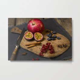 Food photography with pomegranate and passion fruit Metal Print