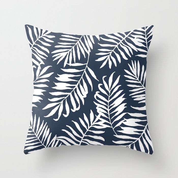 Tropical Palm Leaves - Palm Leaf Pattern - Navy Blue Throw Pillow