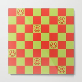 Smiley Face & Checkerboard (Red & Acid Green) Metal Print
