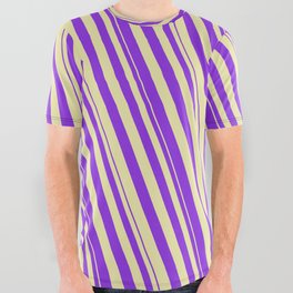 [ Thumbnail: Purple and Pale Goldenrod Colored Striped/Lined Pattern All Over Graphic Tee ]