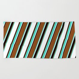 [ Thumbnail: Brown, Turquoise, White, and Black Colored Lines/Stripes Pattern Beach Towel ]