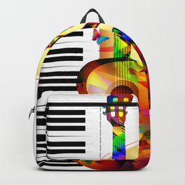 Colorful  music instruments painting, guitar, treble clef, piano, musical notes, flying birds Backpack